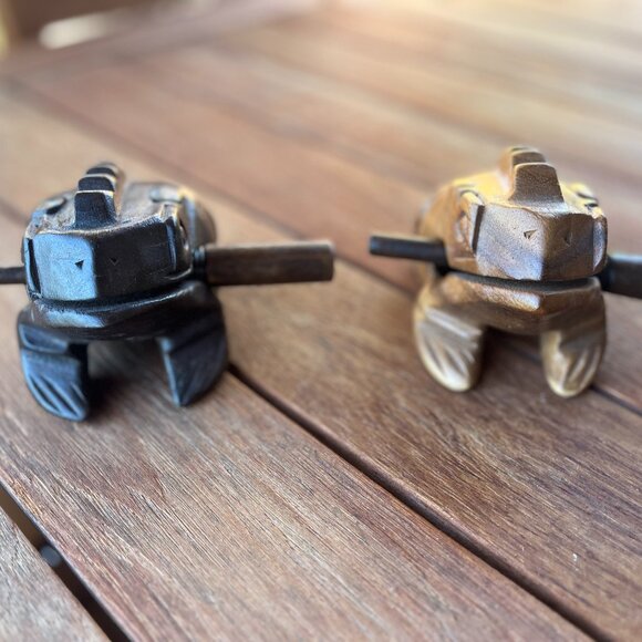 Two Handcarved Wooden 6" Long Guiro Rasp Frog Instruments - Picture 2 of 2